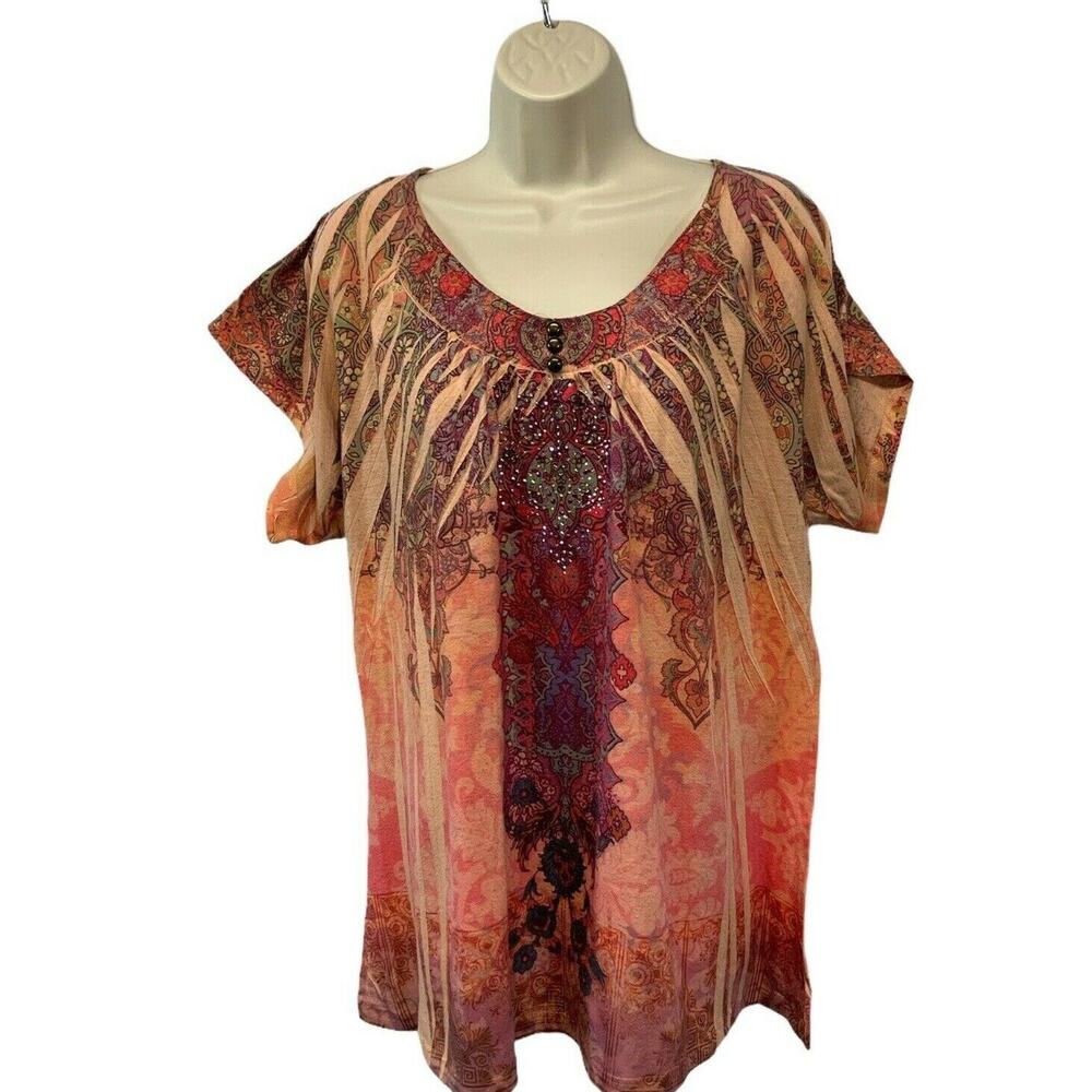 Saint Tropez West Womens Top Size 1X Embellished Short Sleeve Shirt Colorful